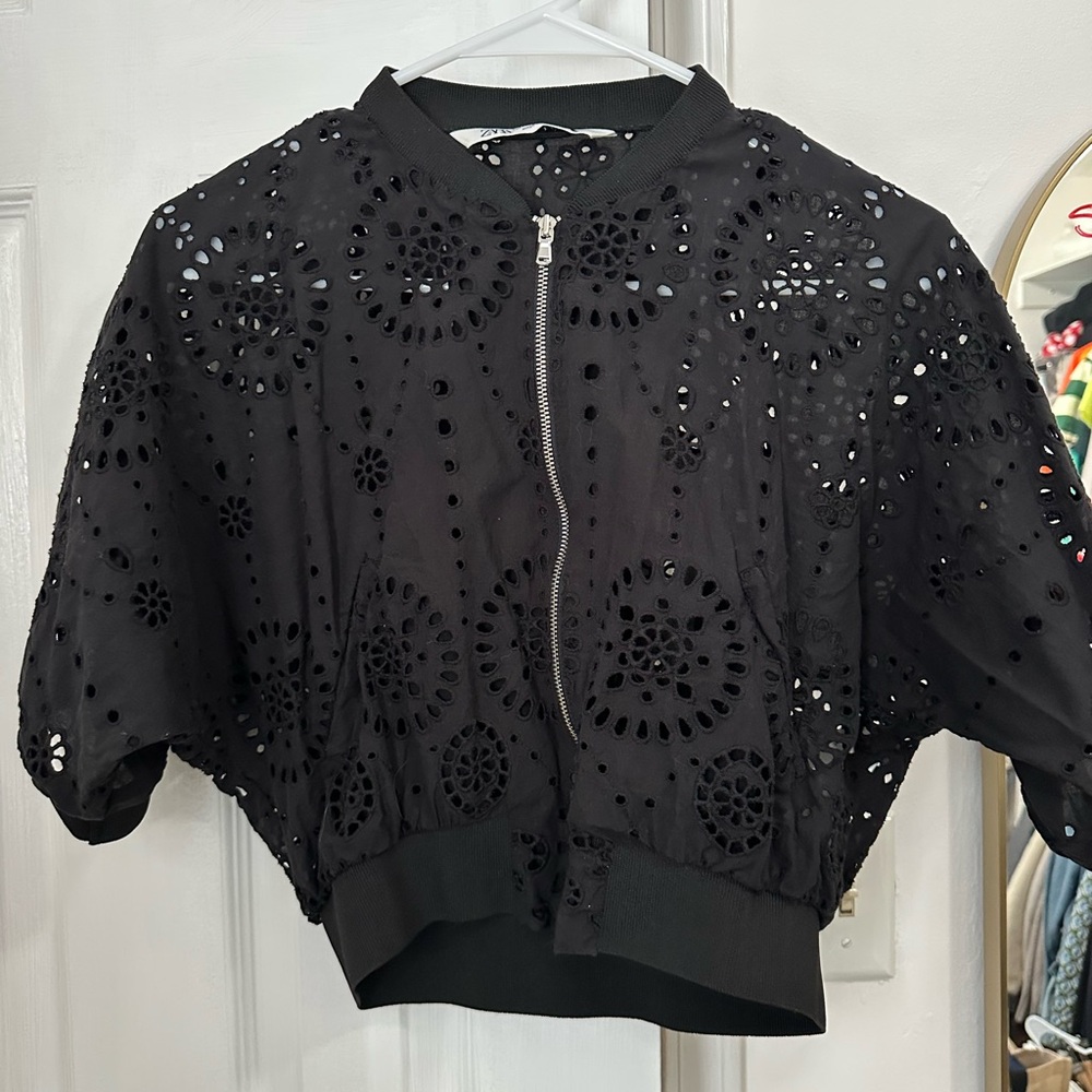 Zara Black Eyelet Bomber Jacket